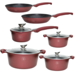 Kookkunst Holland 10 delige pannenset bordeaux rood met glazen deksel - inductie - antikleefpan - marmeren coating - anti-aanbaklaag en silicone koude handgrepen