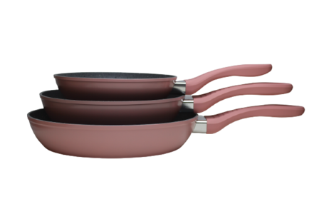 kookkunst koekenpannenset 3 delig roze -inductie pannen -nonstek-marmeren -anti-aanbaklaag-koude handgrepen