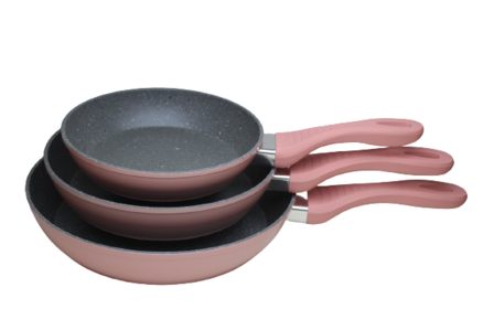 kookkunst koekenpannenset 3 delig roze -inductie pannen -nonstek-marmeren -anti-aanbaklaag-koude handgrepen