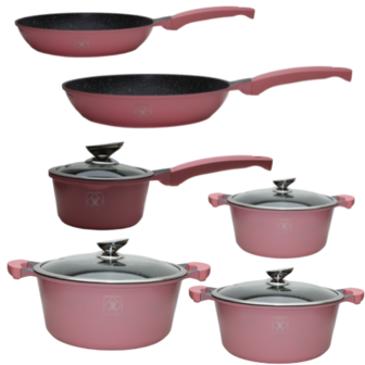 Kookkunst Holland 10 delige pannenset roze met glazen deksel - inductie - antikleefpan - marmeren coating - anti-aanbaklaag en silicone koude handgrepen