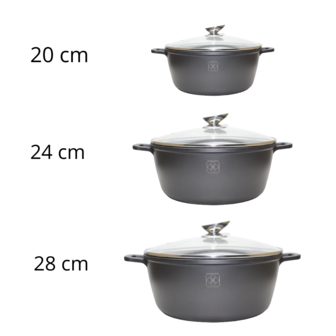 Kookkunst Holland 3 delige &Oslash; 20, 24 &amp; 28 cm braadpannen set zwart met glazen deksel - inductie - antikleefpan - marmeren coating - anti-aanbaklaag
