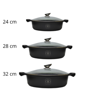 Kookkunst Holland 3 delige &Oslash; 24, 28 &amp; 32 cm lage braad pannenset zwart met glazen deksel - inductie - antikleefpan - marmeren coating - anti-aanbaklaag en silicone koude handgrepen