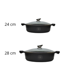 Kookkunst Holland 2 delige &Oslash; 24, 28 cm lage pannenset zwart met glazen deksel - inductie - antikleefpan - marmeren coating - anti-aanbaklaag en silicone koude handgrepen