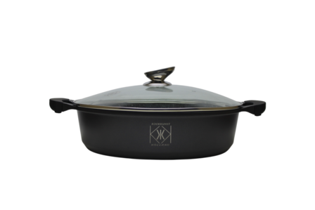 Kookkunst Holland 2 delige &Oslash; 24, 28 cm lage pannenset zwart met glazen deksel - inductie - antikleefpan - marmeren coating - anti-aanbaklaag en silicone koude handgrepen