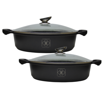 Kookkunst Holland 2 delige &Oslash; 28, 32 cm lage pannenset zwart met glazen deksel - inductie - antikleefpan - marmeren coating - anti-aanbaklaag en silicone koude handgrepen