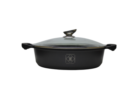 Kookkunst Holland 2 delige &Oslash; 28, 32 cm lage pannenset zwart met glazen deksel - inductie - antikleefpan - marmeren coating - anti-aanbaklaag en silicone koude handgrepen