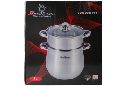 Couscous Pan/Stoompan RVS 8 Liter Met Stoommand &Oslash;22 cm Dubbel + Glazen Deksel