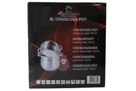 Couscous Pan/Stoompan RVS 8 Liter Met Stoommand &Oslash;22 cm Dubbel + Glazen Deksel