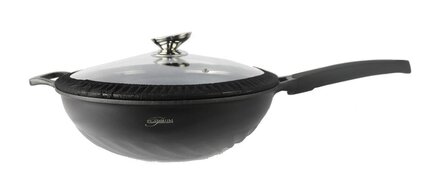 Platinum wokpan met glazen deksel 32cm en koude handgreep- marmeren coating - inductie - Non-stick - anti aanbaklaag
