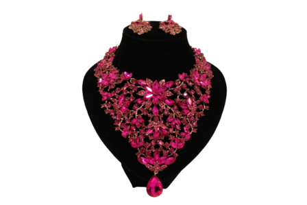 Dames sieraden set roze kleur ketting in oorbellen