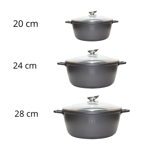 Kookkunst Holland 3 delige Ø 20, 24 & 28 cm braadpannen set zwart met glazen deksel - inductie - antikleefpan - marmeren coating - anti-aanbaklaag