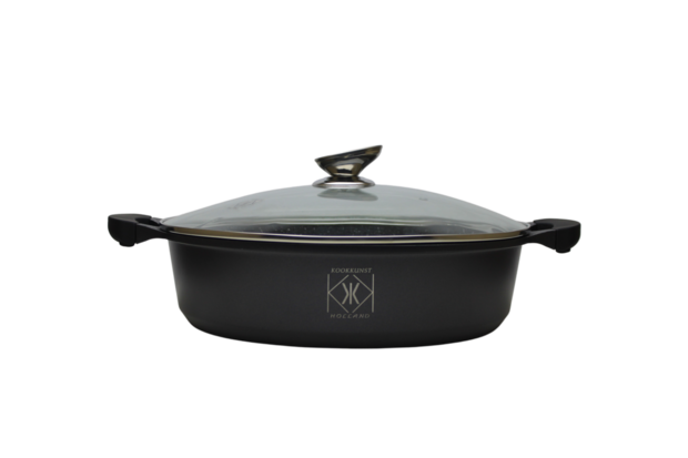 Kookkunst Holland 3 delige Ø 24, 28 & 32 cm lage braad pannenset zwart met glazen deksel - inductie - antikleefpan - marmeren coating - anti-aanbaklaag en silicone koude handgrepen