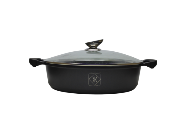Kookkunst Holland 2 delige Ø 24, 28 cm lage pannenset zwart met glazen deksel - inductie - antikleefpan - marmeren coating - anti-aanbaklaag en silicone koude handgrepen
