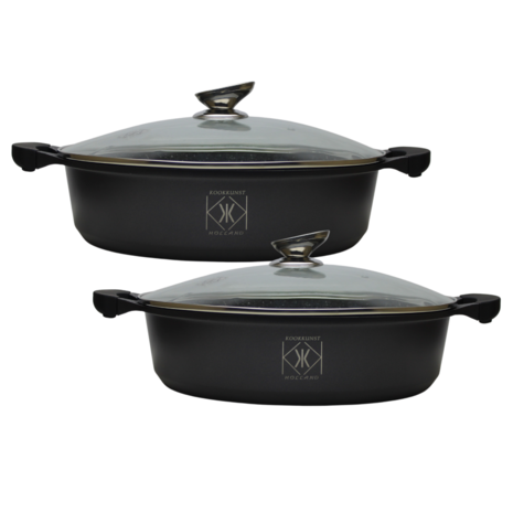 Kookkunst Holland 2 delige Ø 28, 32 cm lage pannenset zwart met glazen deksel - inductie - antikleefpan - marmeren coating - anti-aanbaklaag en silicone koude handgrepen