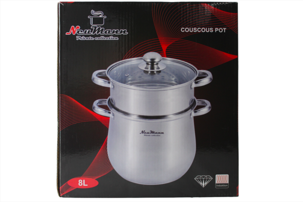 Couscous Pan/Stoompan RVS 8 Liter Met Stoommand Ø22 cm Dubbel + Glazen Deksel