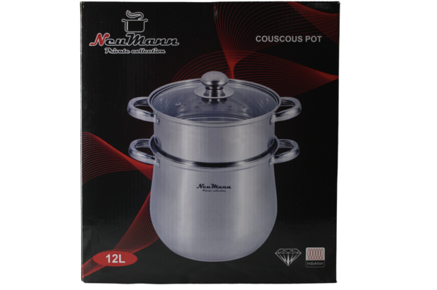 Couscous Pan/Stoompan RVS 12 Liter Met Stoommand Ø24 cm Dubbel + Glazen Deksel