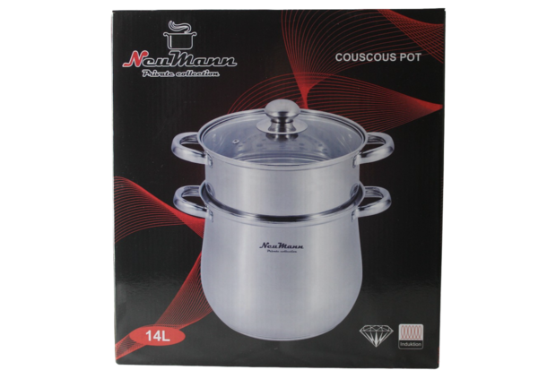 Couscous Pan/Stoompan RVS 14 Liter Met Stoommand Ø26 cm Dubbel + Glazen Deksel