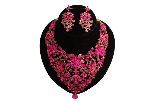 Dames sieraden set roze kleur ketting in oorbellen