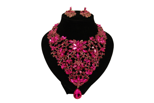Dames sieraden set roze kleur ketting in oorbellen