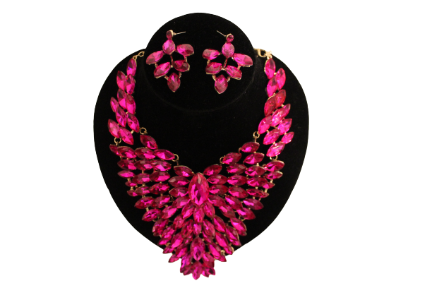 Dames sieraden set hot roze kleur ketting in oorbellen