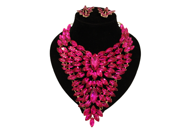 Dames sieraden set hot roze kleur ketting in oorbellen