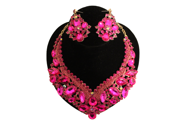 Dames sieraden set hot roze kleur ketting in oorbellen