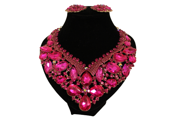 Dames sieraden set hot roze kleur ketting in oorbellen