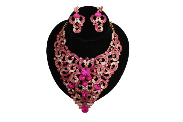 Dames sieraden set licht roze ketting in oorbellen